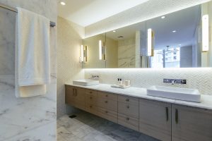 Crema Eda® and Thassos Mini Chevron Mosaic, Afyon White Classic Honed Wall Tile and Afyon Cloud® Brushed Floor Tiles