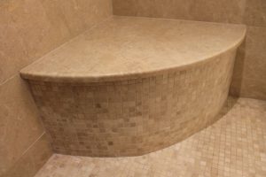 Crema Eda® Brushed & Crema Eda® 1" x 1" Mosaic Shower Bench