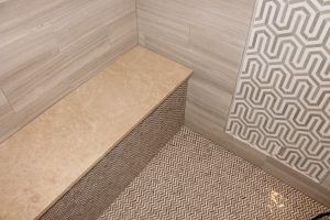 Crema Eda® Brushed & Malibu Mini Chevron Mosaic Shower Bench